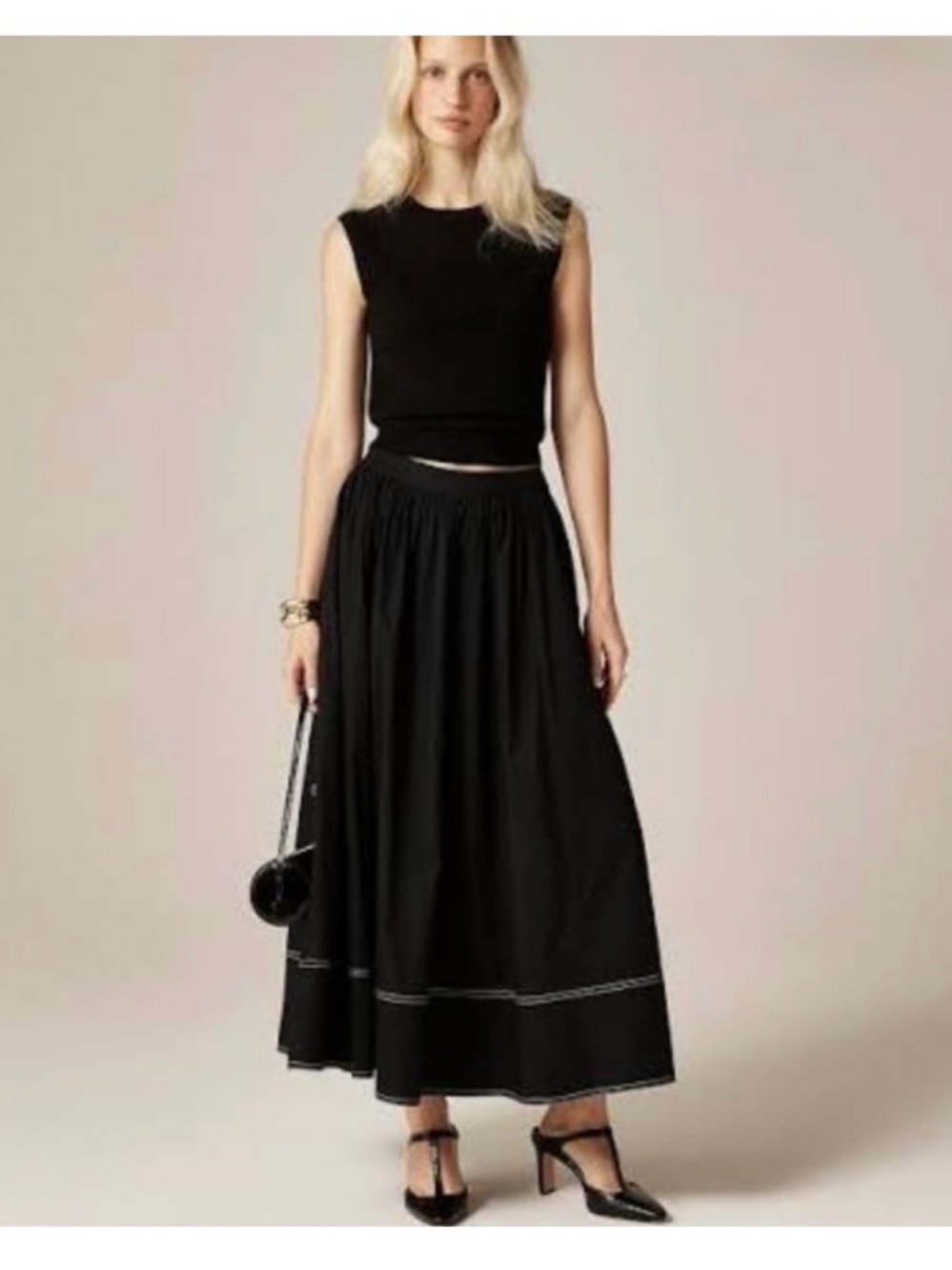NWT J. Crew Contrast-stitch Midi Skirt Cotton Poplin Black